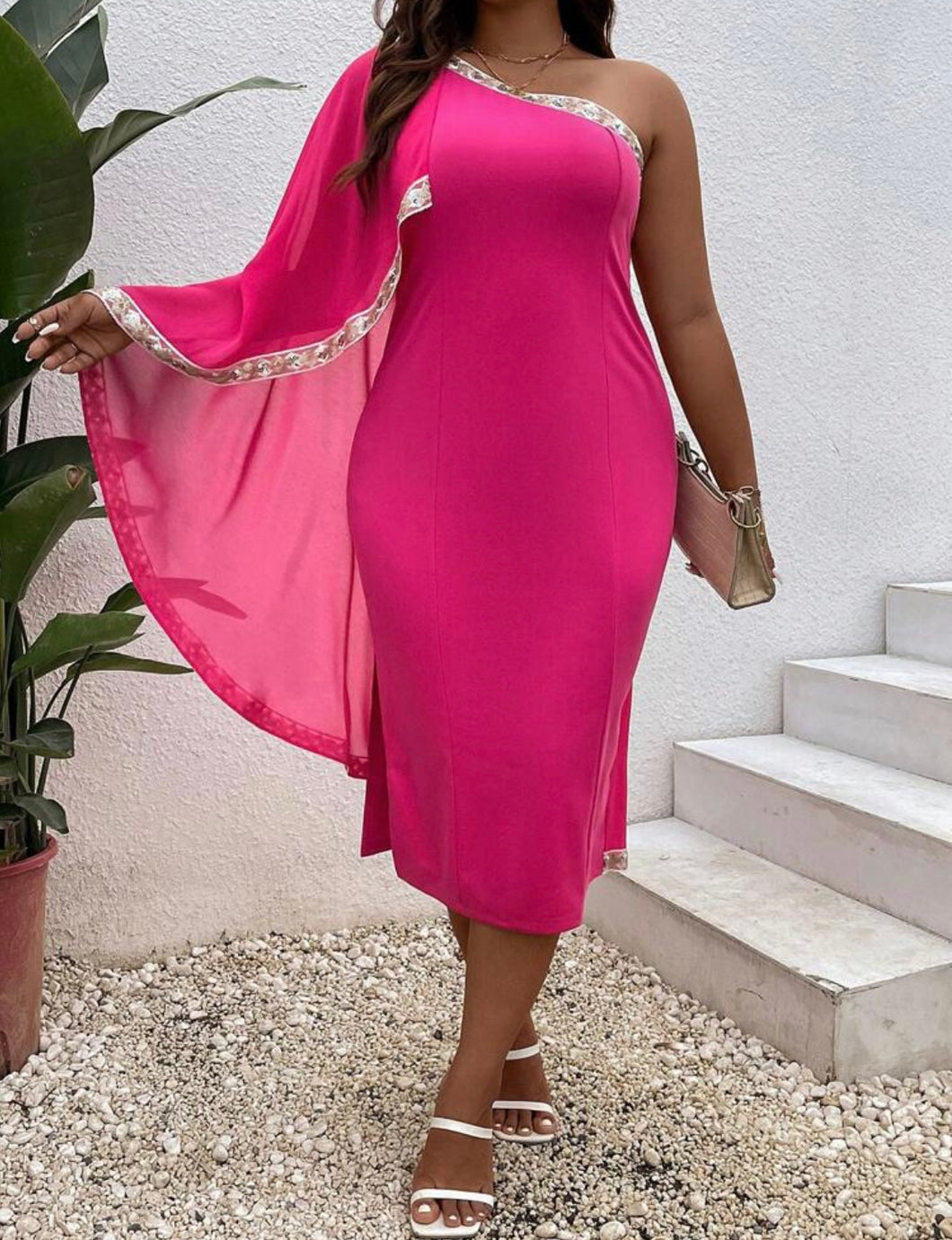 Ladies Pink One Shoulder Sequin Sleeve Design Dress