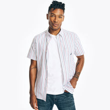 Load image into Gallery viewer, Men Nautica White Pink &amp; Blue Stripe Short Sleeve Button Down Shirt
