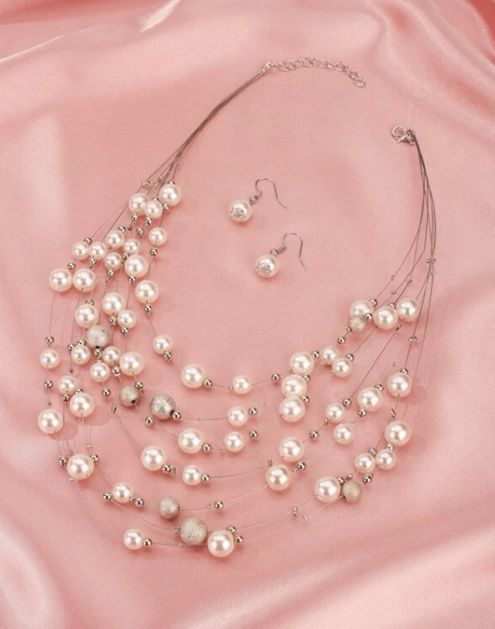 Ladies Pearl Décor Necklace and Matching Earrings Set