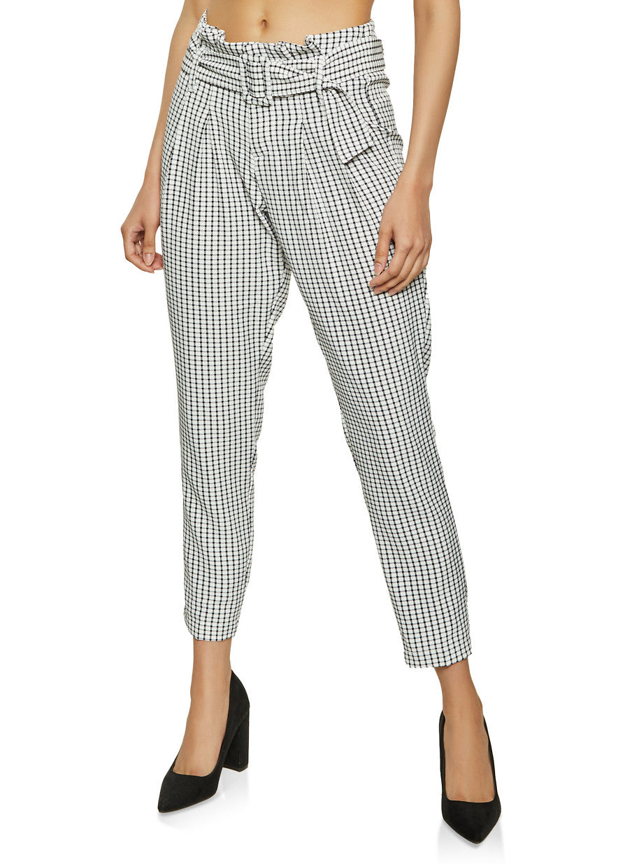 Ladies Black and White Plaid Belted Dress Pants
