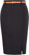 Load image into Gallery viewer, Ladies Black Side Split Pencil Skirt with Belt
