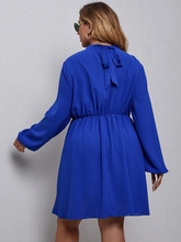 Load image into Gallery viewer, Ladies Royal Blue Lantern Long Sleeve Ruffle Hem Tie Back Dress
