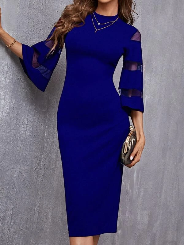 Ladies Blue Mesh Sleeve Fitted Dress