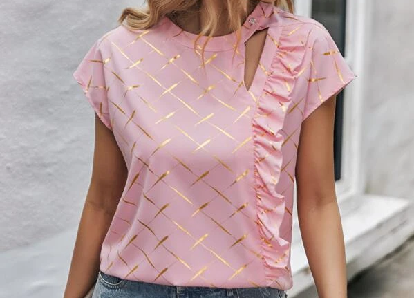 Ladies Pink Short Sleeve Side Ruffle Design Blouse