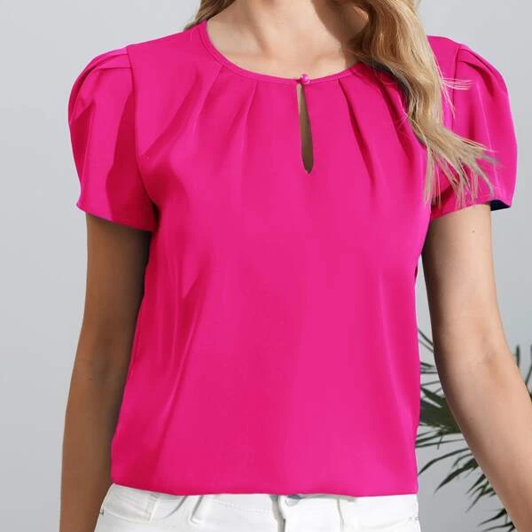 Ladies Pink Round Neck Designed Short Sleeve Blouse