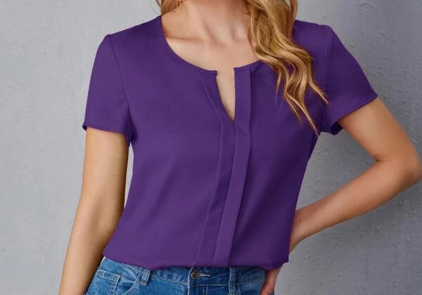 Ladies Purple V Neck Short Sleeve Blouse