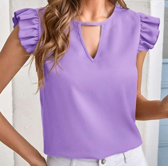 Ladies Purple V Neck Ruffle Short Sleeve Blouse