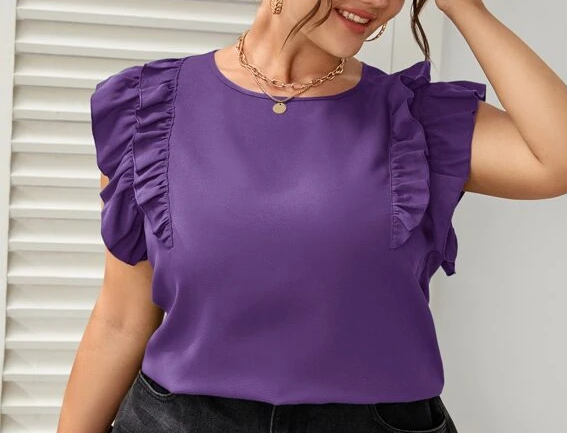 Ladies Purple Ruffle Double Sleeve Design Blouse