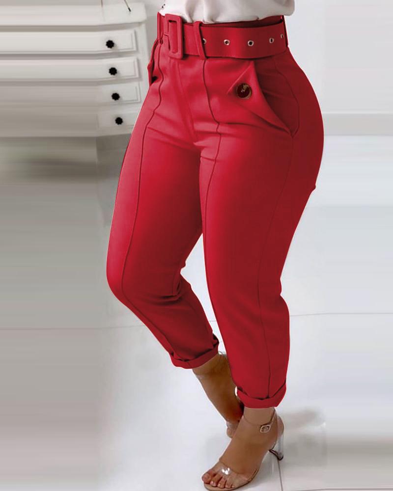 Fistique Red Ankle Length Pants with Belt