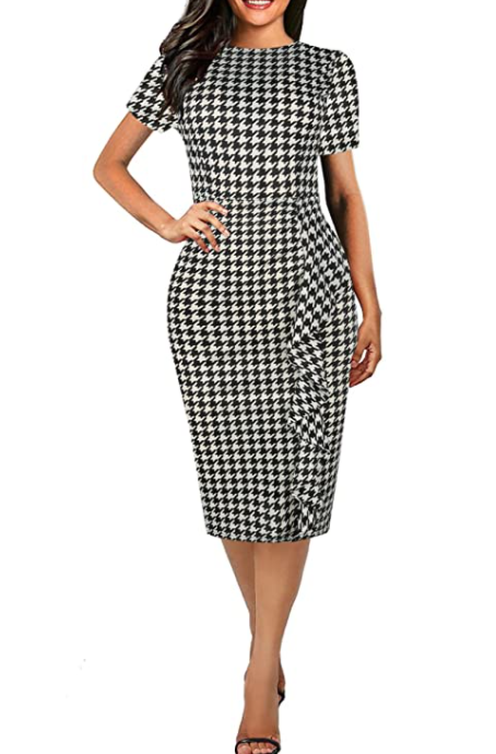 Ladies Hounds Tooth Side Ruffles Short Sleeve Pencil Dress