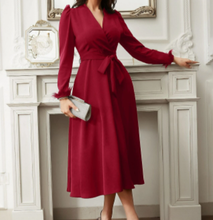 Load image into Gallery viewer, Ladies V Neck Wrap Dress with Feather Style Long Sleeve Dress
