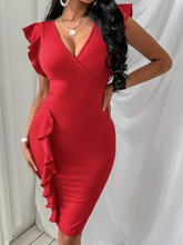 Load image into Gallery viewer, Ladies Red V Neck Ruffle Trim Body Con Dress
