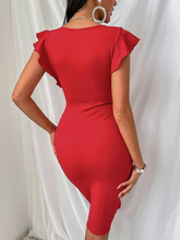 Load image into Gallery viewer, Ladies Red V Neck Ruffle Trim Body Con Dress
