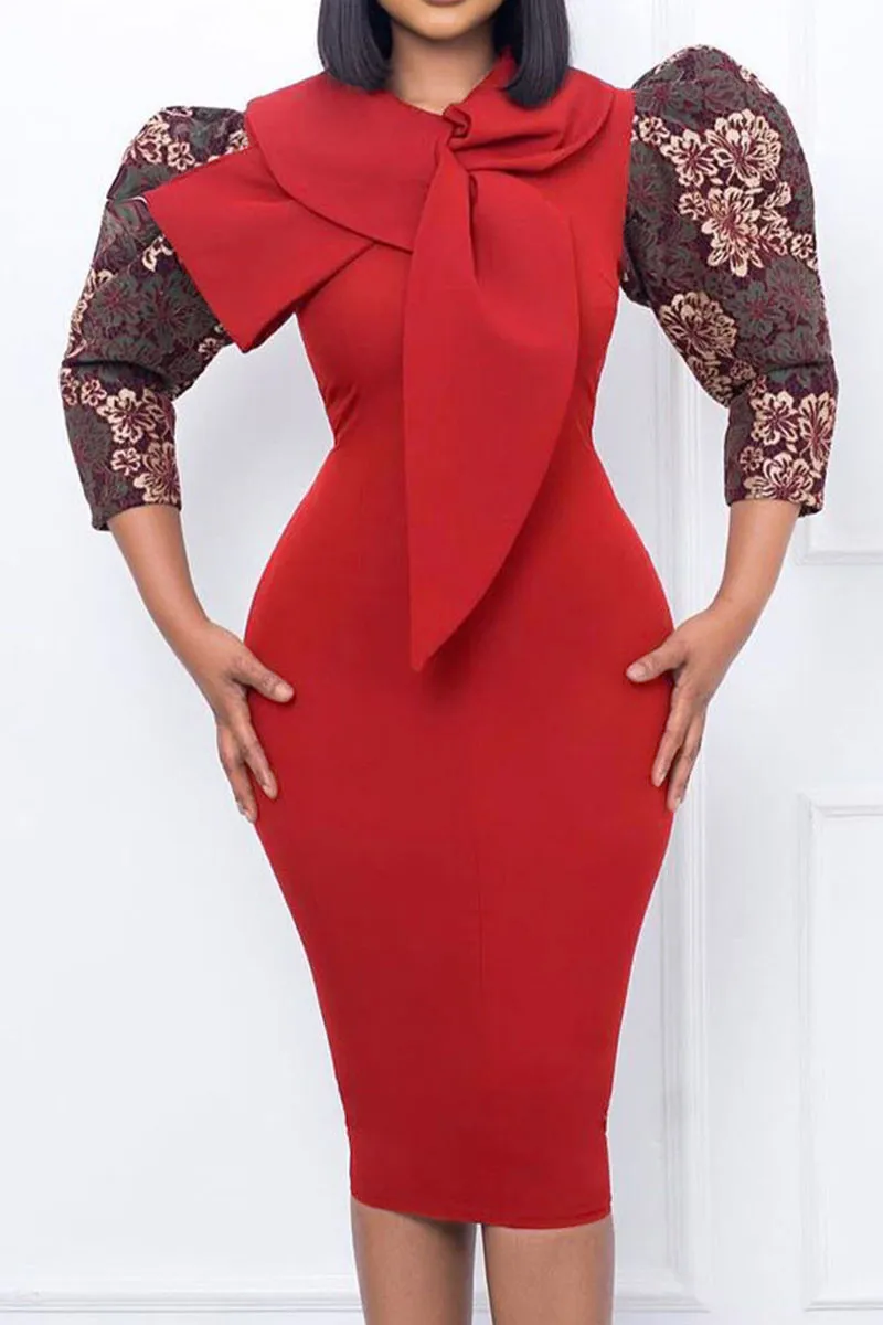 Ladies Elegant Red and Floral Design Sleeve Dress with Bow Design Collar