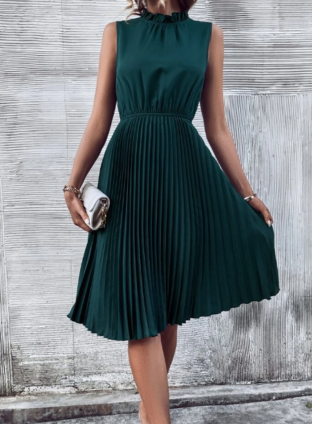 Ladies Dark Green Pleated Design Dress
