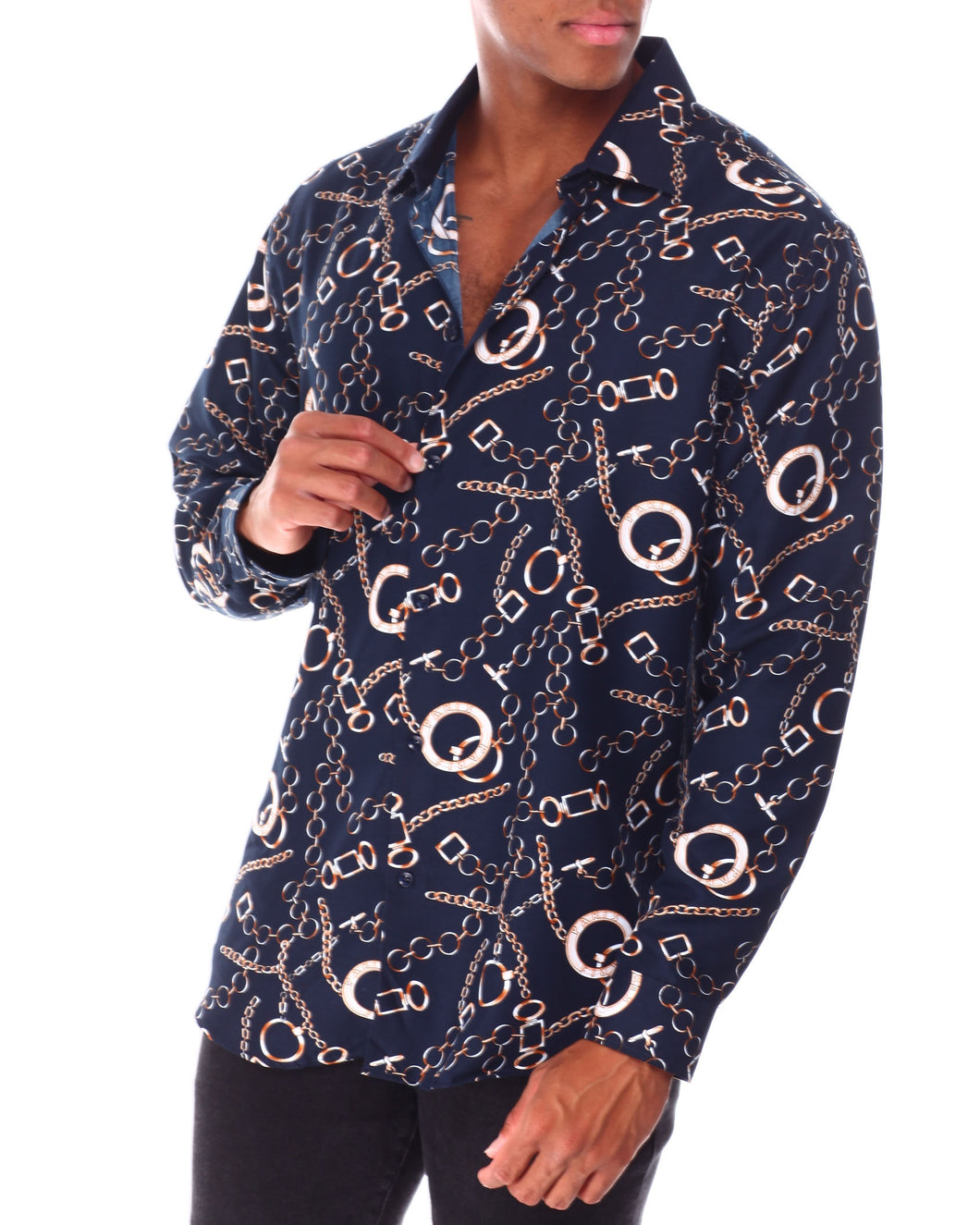 Men's Navy Blue Chain Pattern Long Sleeve Shirt