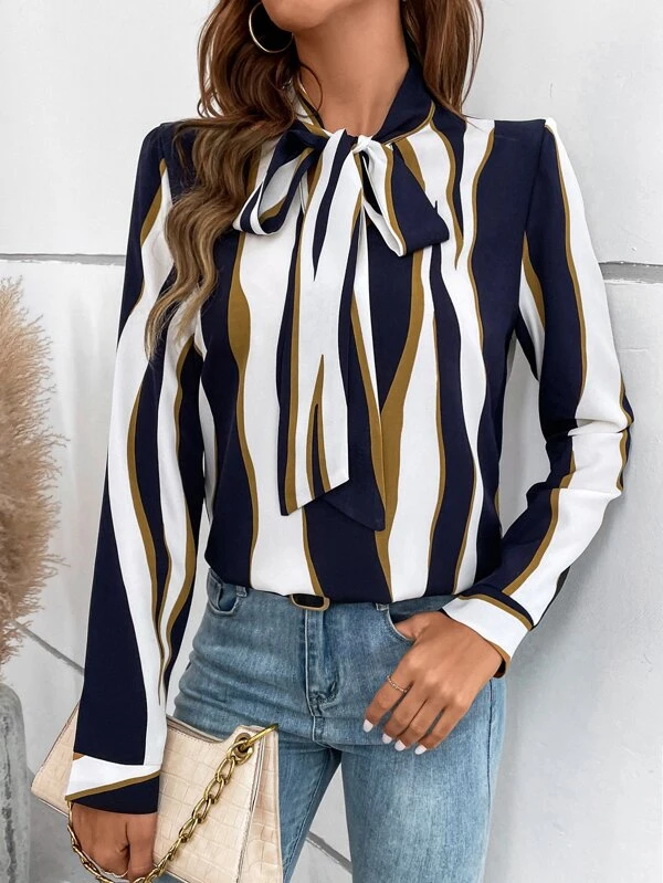 Ladies White & Blue Stripe Design Long Sleeve Blouse