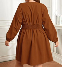 Load image into Gallery viewer, Ladies Brown V Neck Long Sleeve Design Dress
