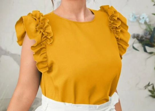 Ladies Yellow Short Sleeve Ruffle Shoulder Blouse