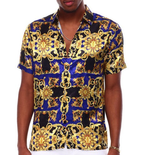 Men's Blue Satin Short Sleeve Button Down Shirt