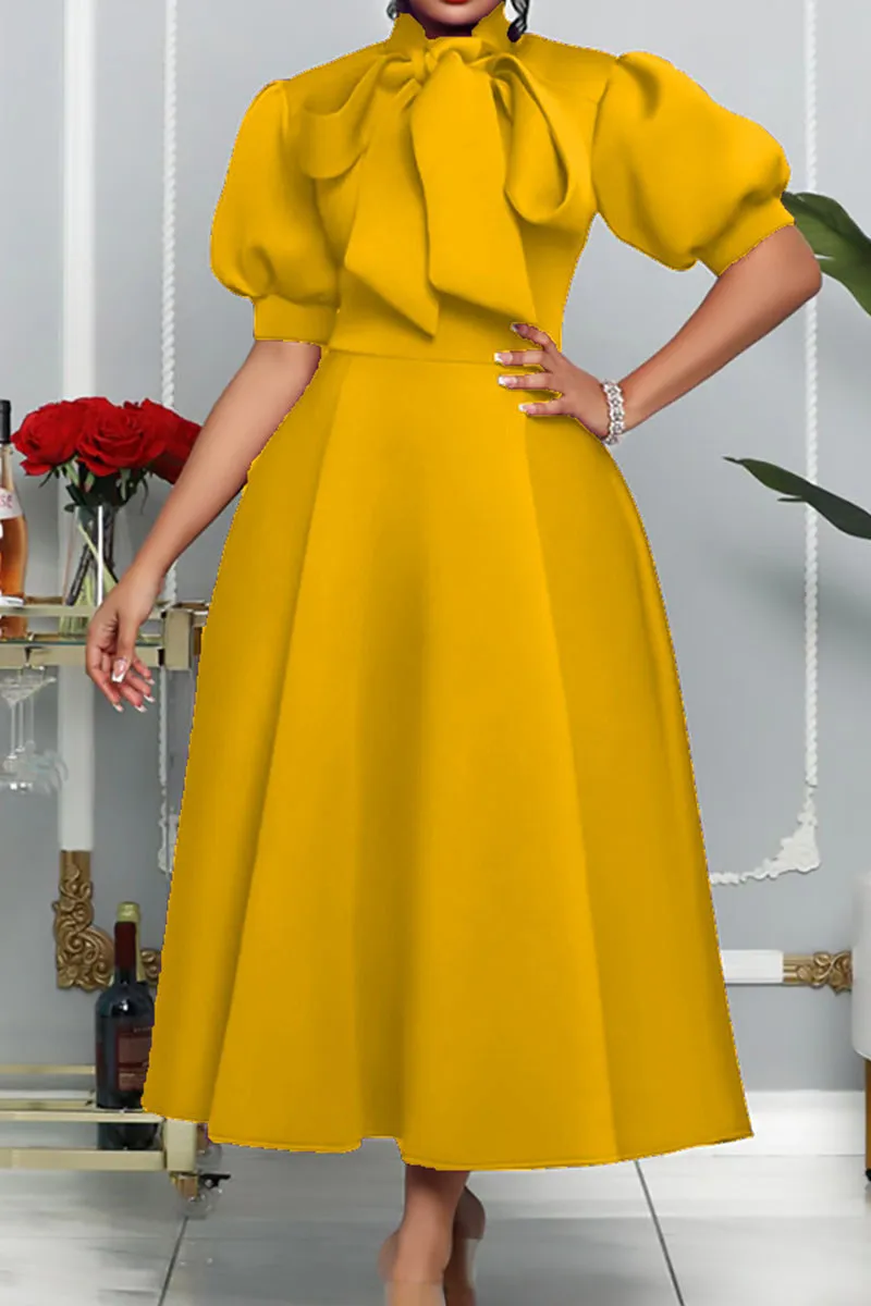 Ladies Yellow Elegant A Line Puff Sleeve Bow Collar Design Dress