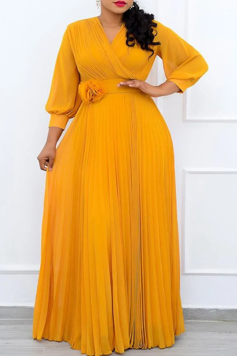 Ladies Yellow Elegant Pleated Design V Neck Dress