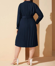 Load image into Gallery viewer, Ladies Navy Blue V Neck Long Sleeve Pleated Dress w/t Belt
