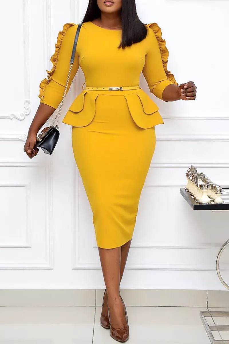 Ladies Yellow Ruffle Shoulder Pencil Shirt Design Dress with Belt