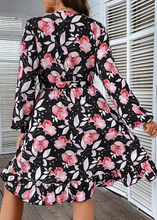 Load image into Gallery viewer, Ladies Black &amp; Pink Floral Design Long Sleeve Dress
