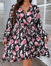 Load image into Gallery viewer, Ladies Black &amp; Pink Floral Design Long Sleeve Dress
