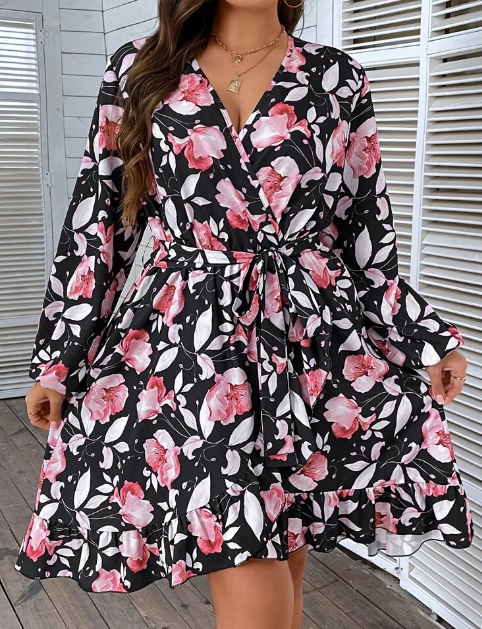 Ladies Black & Pink Floral Design Long Sleeve Dress