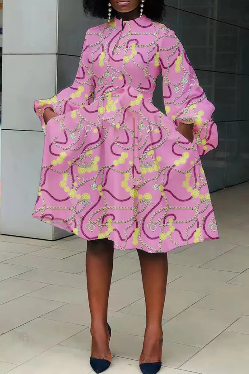 Ladies Pink Chain Print Design Long Sleeve Dress
