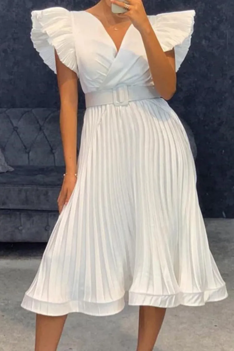 Ladies White A Line V Neck Pleated Dress with Belt