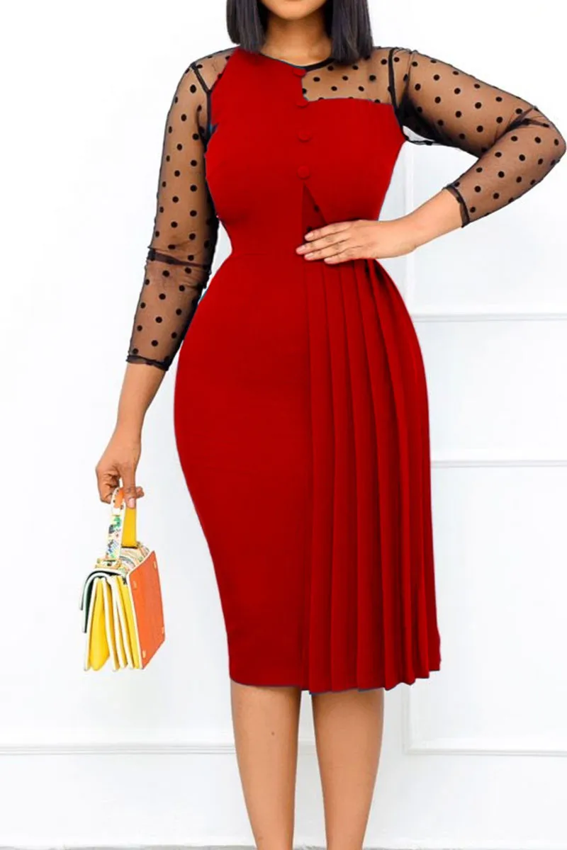 Ladies Elegant Red Half Pleat Design Sheer Sleeve Dress