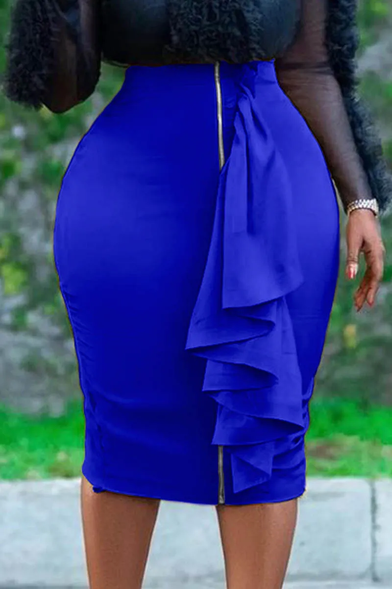 Ladies Blue Front Zip Ruffle Design Skirt