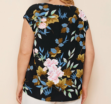 Load image into Gallery viewer, Ladies Black Floral Short Sleeve Blouse
