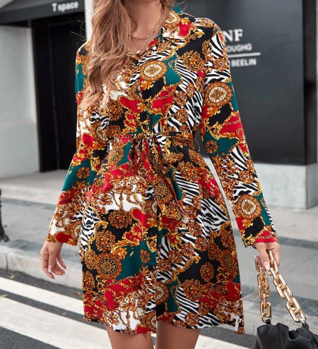 Ladies Multi-color Leopard Print Design Long Sleeve Dress