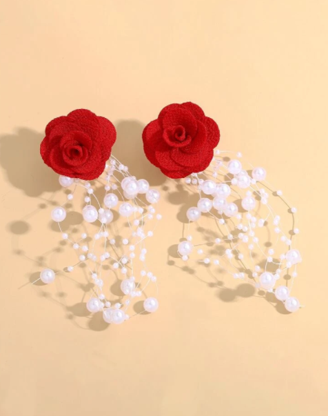Ladies Red Flower & Pearl Drop Earrings