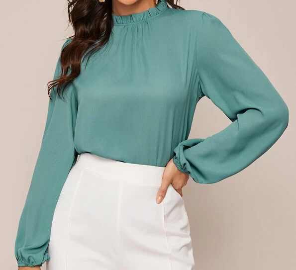 Ladies Green Frilled Neck Design Long Sleeve Blouse