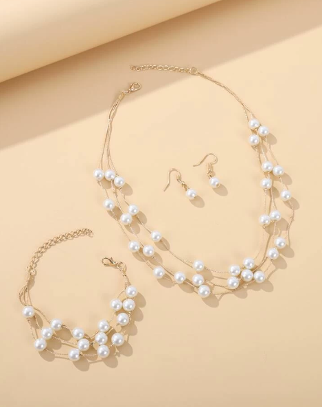 Pearl 3 Layered Design Necklace, Wristlet & Earring Set