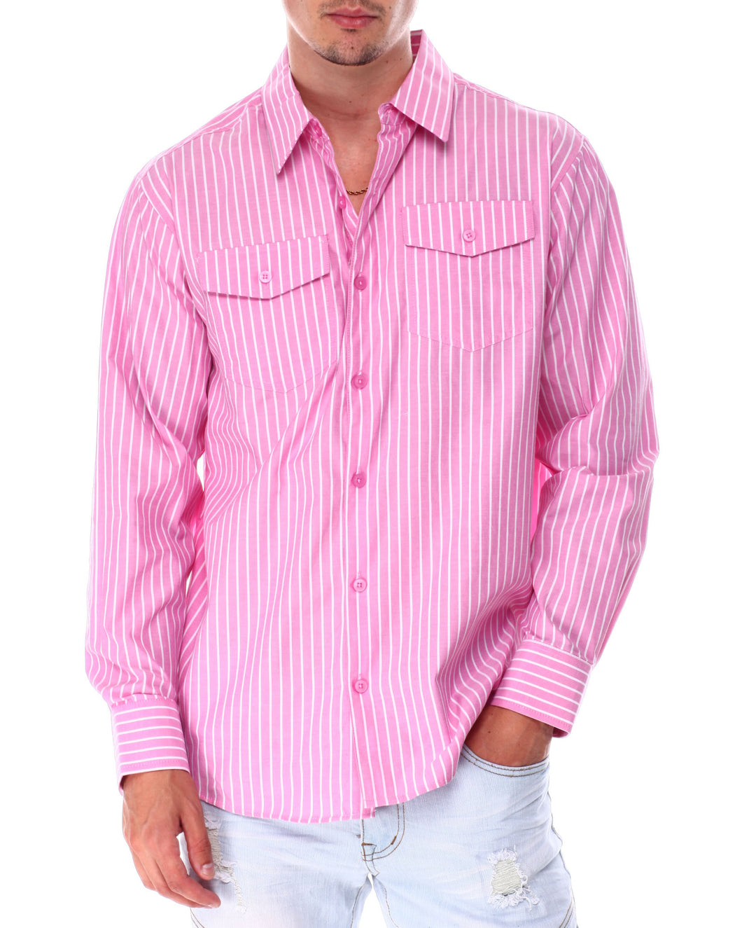 Men's Pink & White Stripe Long Sleeve Button Down Shirt