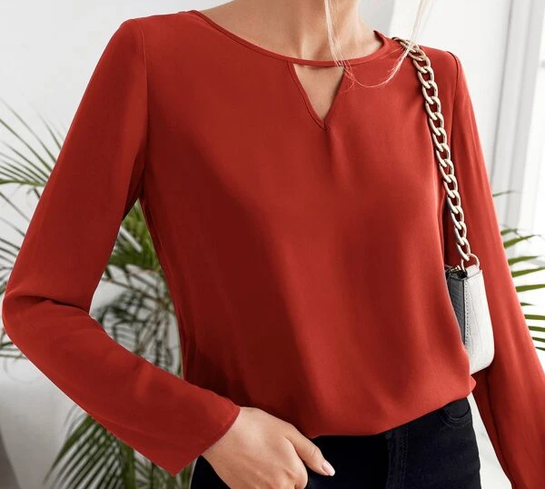 Ladies Red Keyhole Neck Design Long Sleeve Blouse