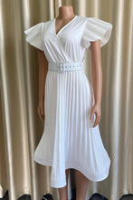 Load image into Gallery viewer, Ladies White A Line V Neck Pleated Dress with Belt
