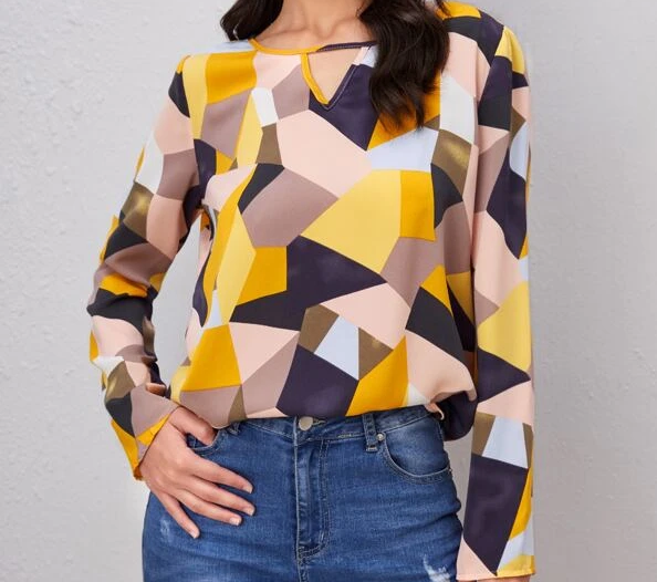 Ladies Yellow Geo Print Design Long Sleeve Blouse