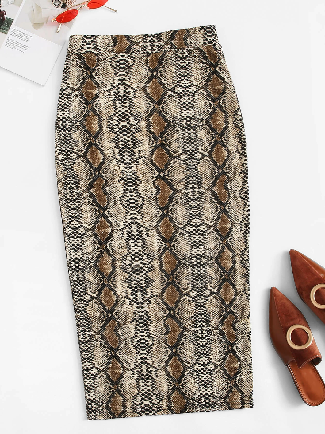 Ladies Brown Snake Skin Print Pencil Skirt