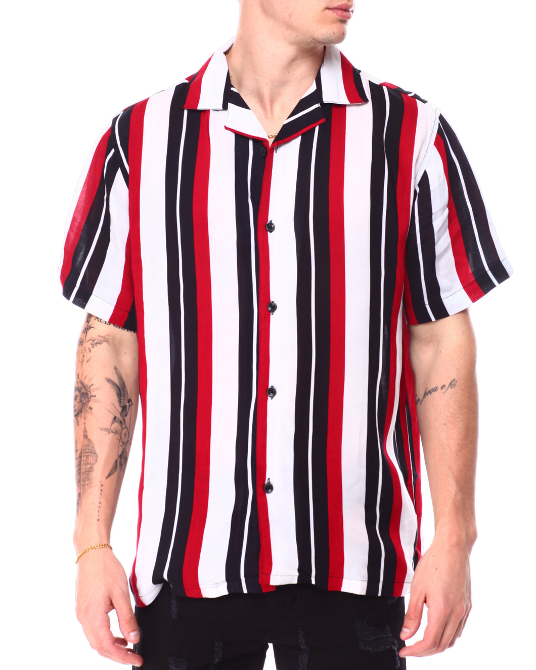 Men's Red & White Stripe Short Sleeve Button Down Shirt