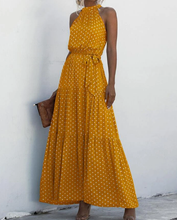 Load image into Gallery viewer, Ladies Yellow &amp; White Halter Design Long Dress
